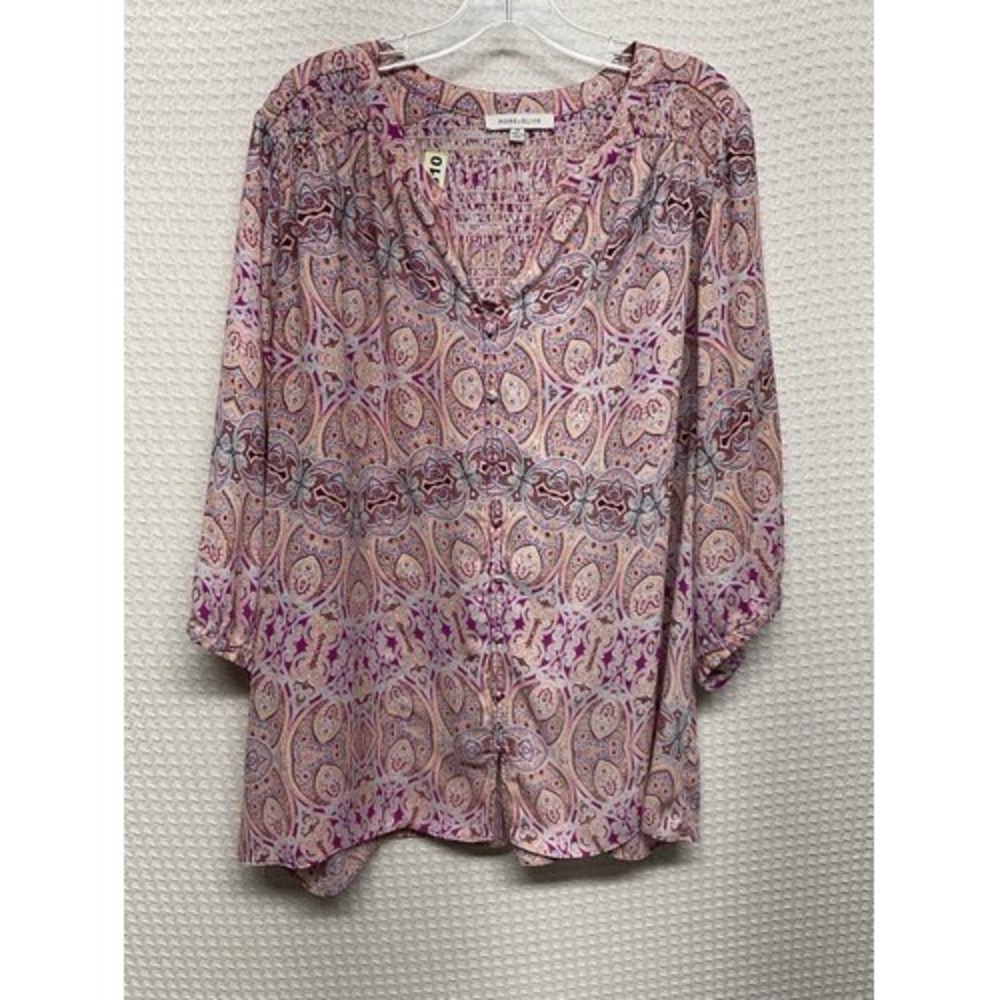 Rose + Olive Pink Boho Smocked Back Button Up V-Neck Tunic Top Women 2X China